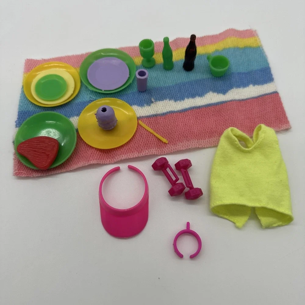 Vintage Barbie Accessories Lot Visor Shoes Dishes Towel Weights Mattel